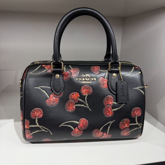 Coach CCZ15 Rowan Satchel Bag in Leather with Cherry Print Black Multi NWT - Picture 2 of 8